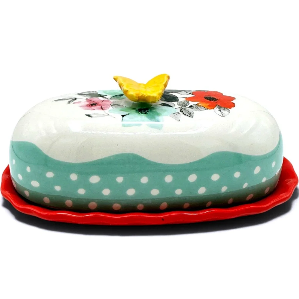 The Pioneer Woman Flea Market Floral Butter Dish Butterfly Red Turquoise 6.5